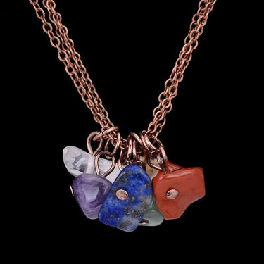 Unique Antique Copper Triple Strand Necklace with 7 Chakra Stones Pendant